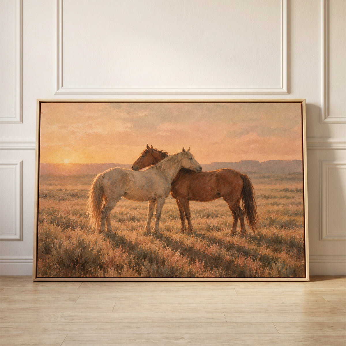 Grey and chestnut horse standing close together in golden light on open range, canvas wall art