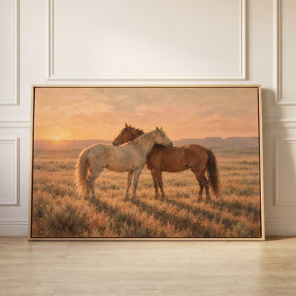 Grey and chestnut horse standing close together in golden light on open range, canvas wall art