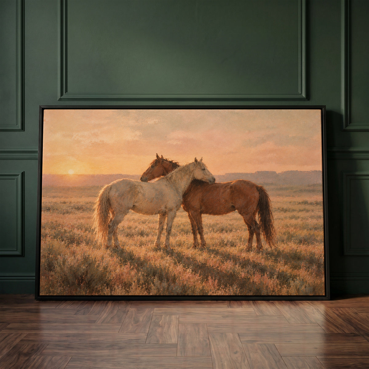Wild mustang canvas wall art showing grey and chestnut horse standing close together in golden light on open range