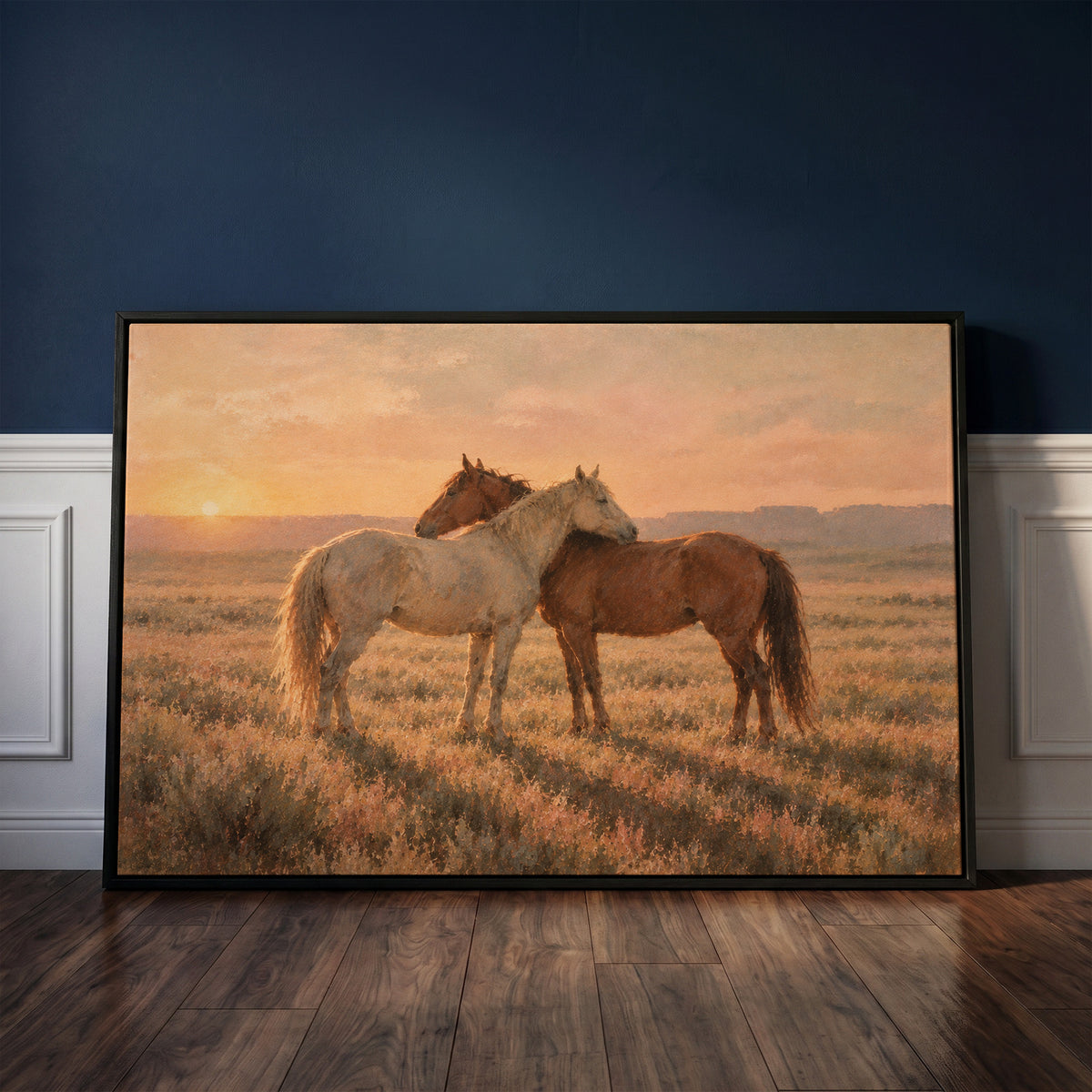 Grey and chestnut horse standing close together in golden light on open range, two horses horizontal canvas print