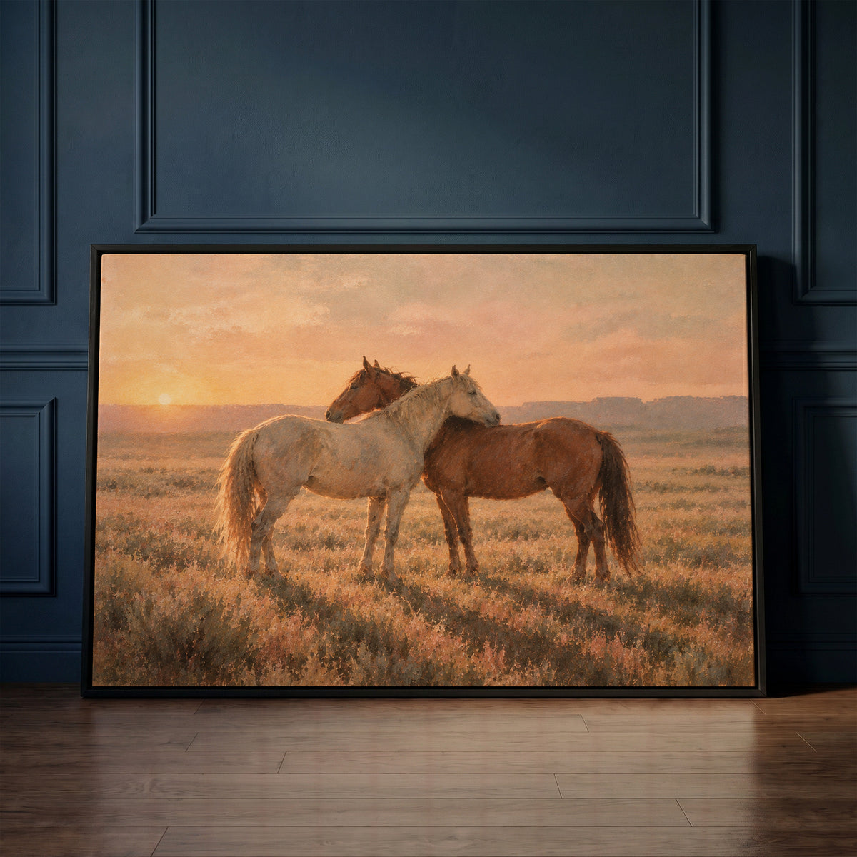 Warm neutral canvas wall art showing grey and chestnut horse standing close together in golden light on open range