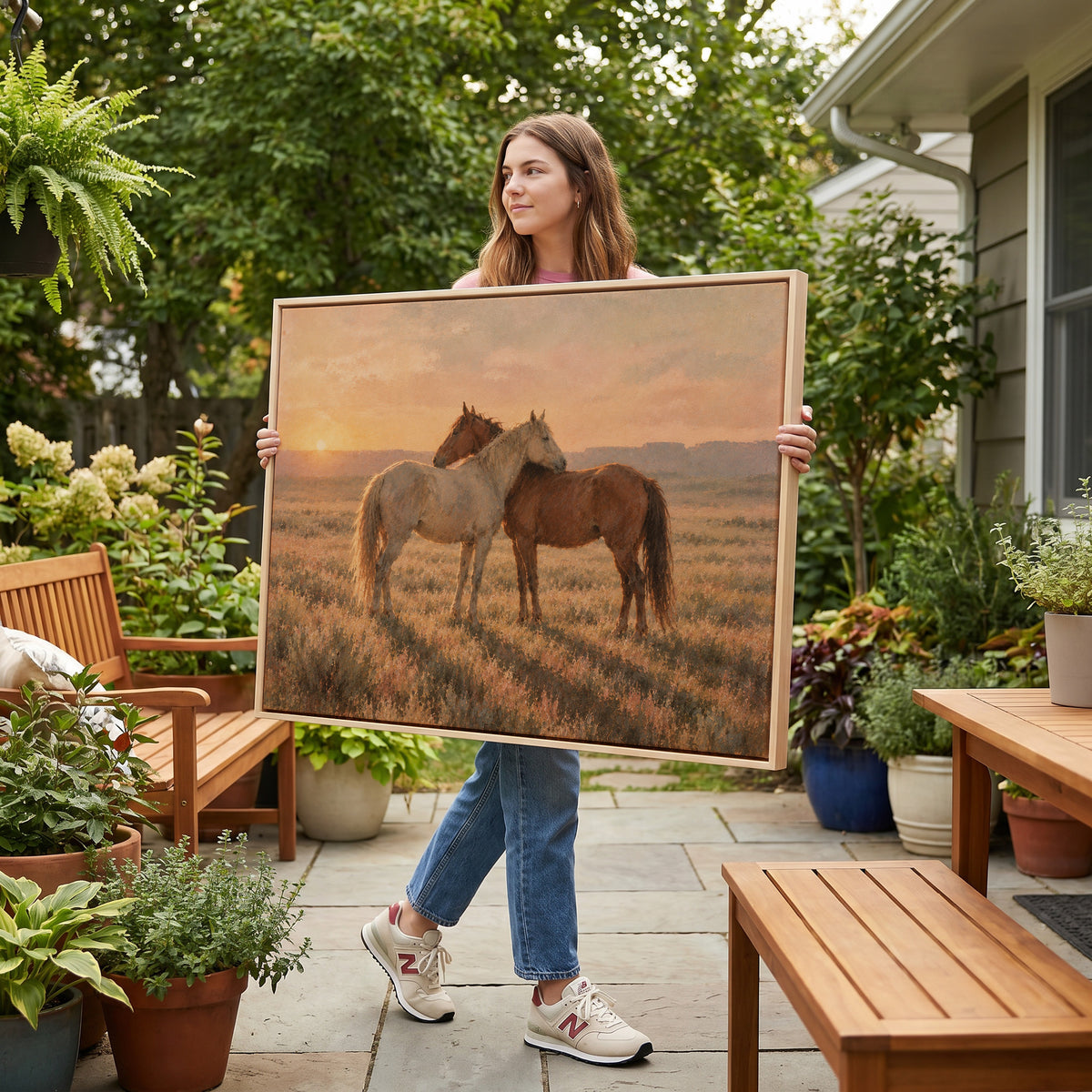 Grey and chestnut horse standing close together in golden light on open range, canvas print