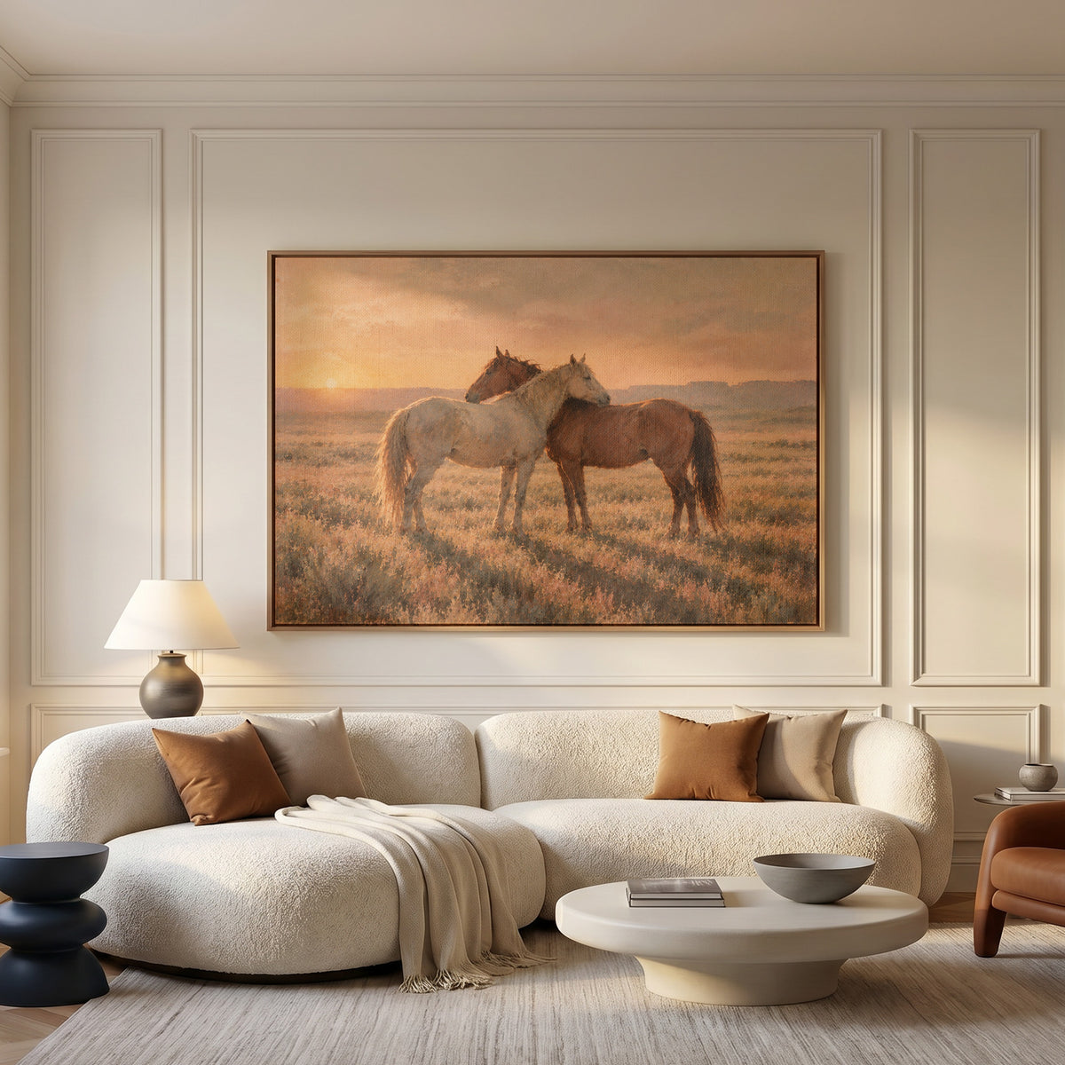 Two horses canvas wall art showing grey and chestnut horse standing close together in golden light on open range