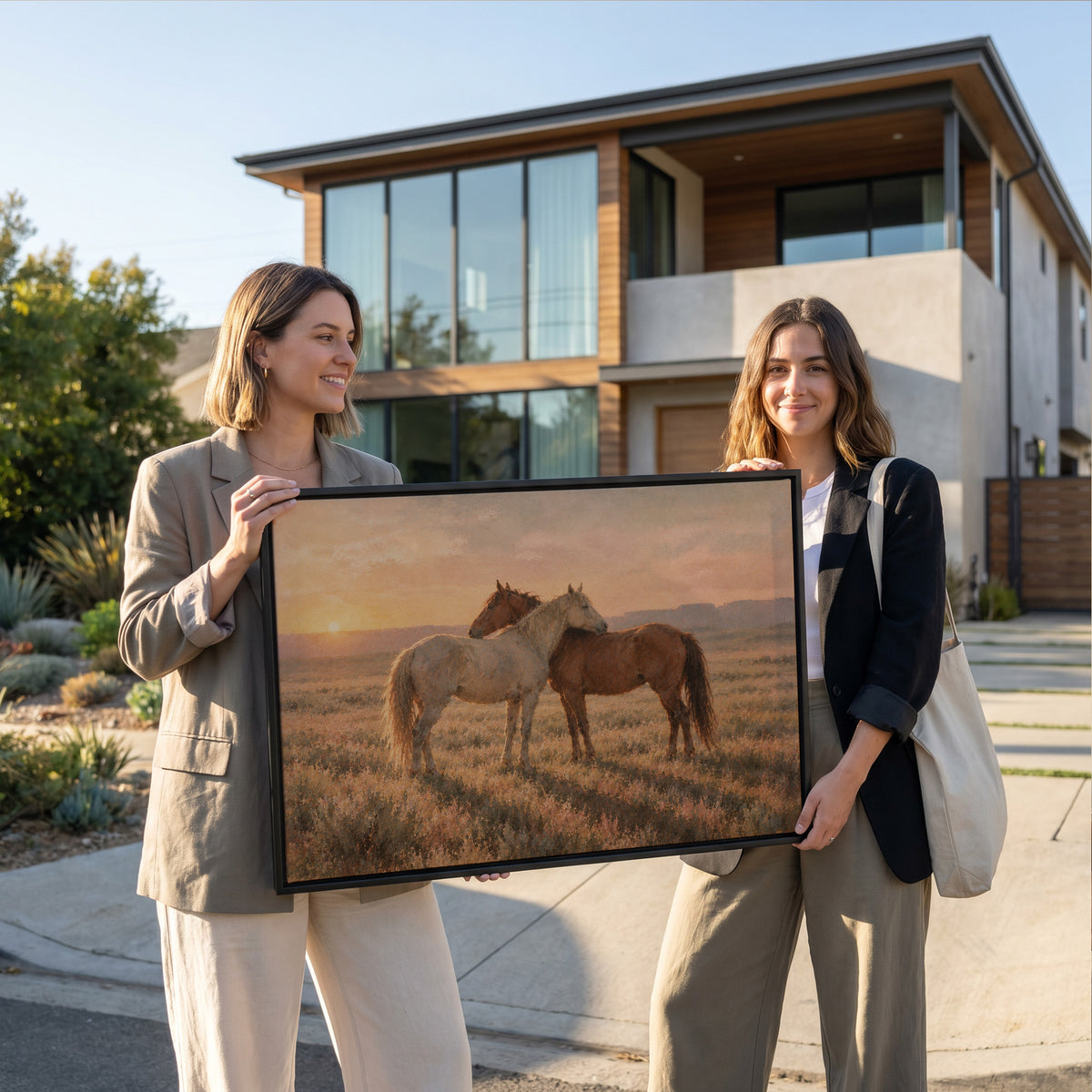 Grey and chestnut horse standing close together in golden light on open range, canvas art print