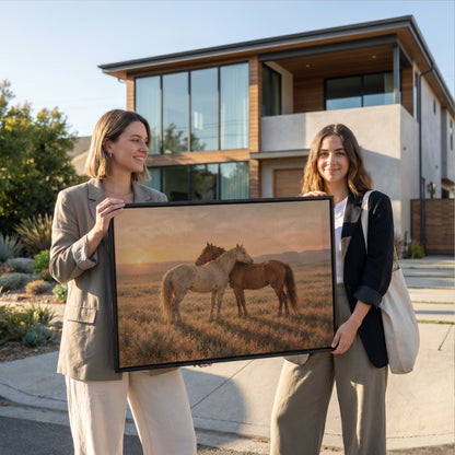 Grey and chestnut horse standing close together in golden light on open range, canvas art print