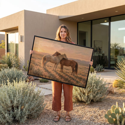 Farmhouse canvas wall art showing grey and chestnut horse standing close together in golden light on open range