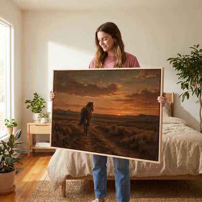 Desert canvas wall art showing lone horse seen from behind walking down a dirt track toward a burning sunset