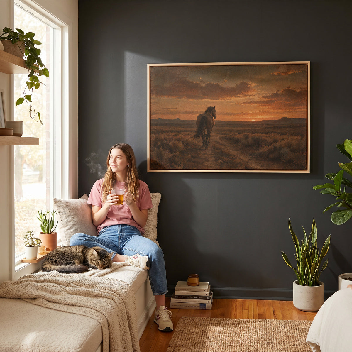Moody canvas wall art showing lone horse seen from behind walking down a dirt track toward a burning sunset