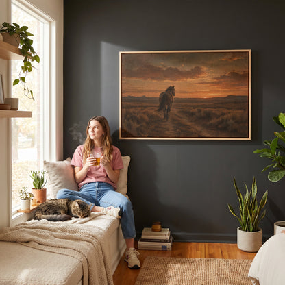 Moody canvas wall art showing lone horse seen from behind walking down a dirt track toward a burning sunset