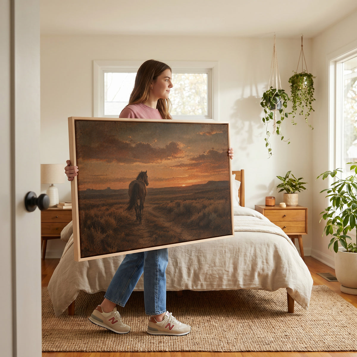 Lone horse seen from behind walking down a dirt track toward a burning sunset, canvas art print