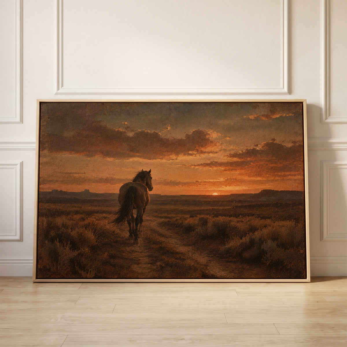 Lone horse seen from behind walking down a dirt track toward a burning sunset, canvas wall art