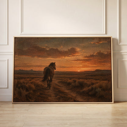 Lone horse seen from behind walking down a dirt track toward a burning sunset, canvas wall art