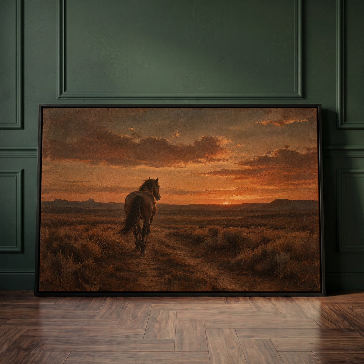 Lone horse seen from behind walking down a dirt track toward a burning sunset, western wall art print