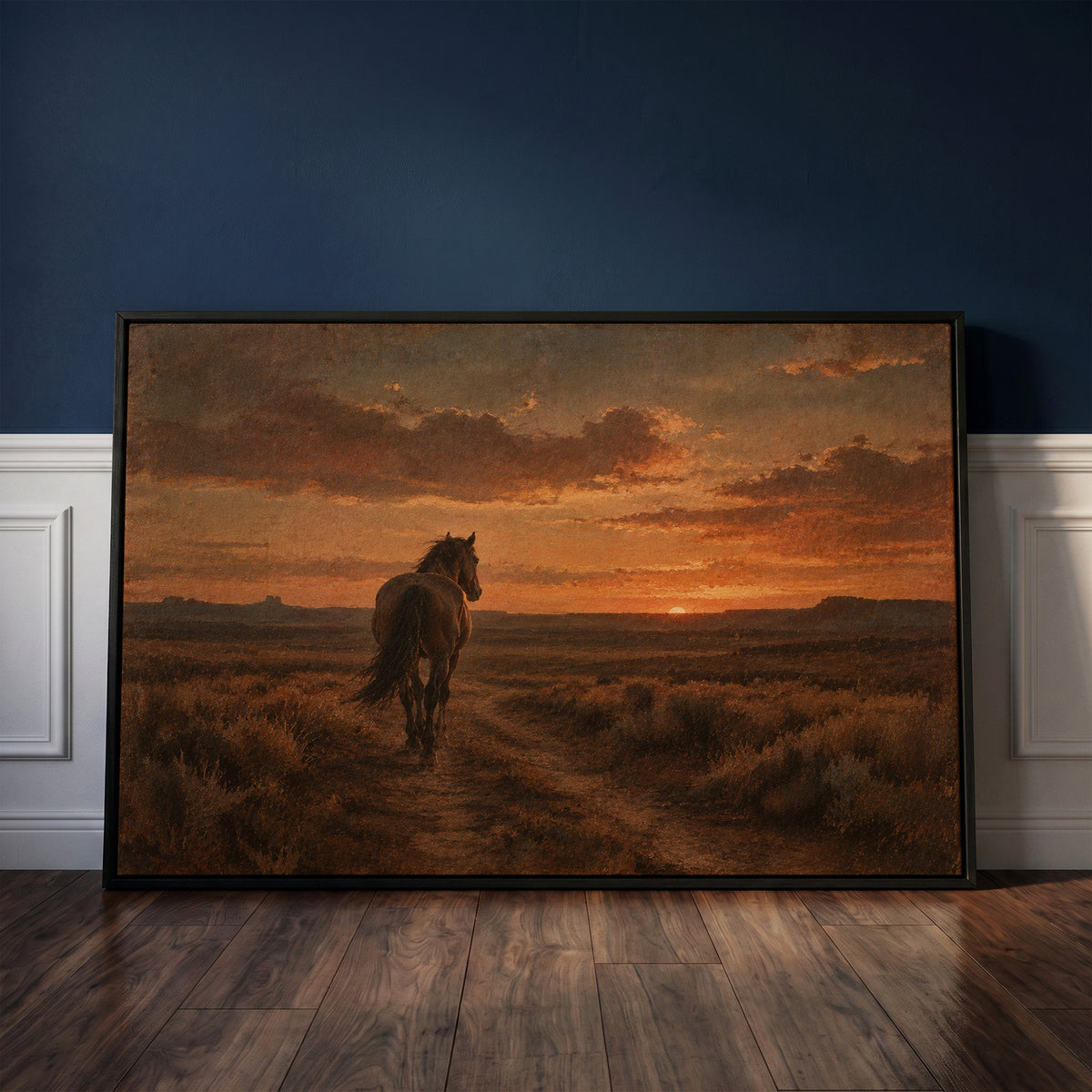 Horse sunset canvas wall art showing lone horse seen from behind walking down a dirt track toward a burning sunset