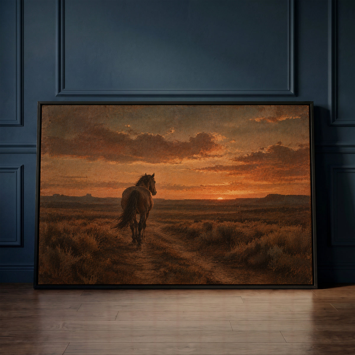 Lone horse seen from behind walking down a dirt track toward a burning sunset, horse canvas print