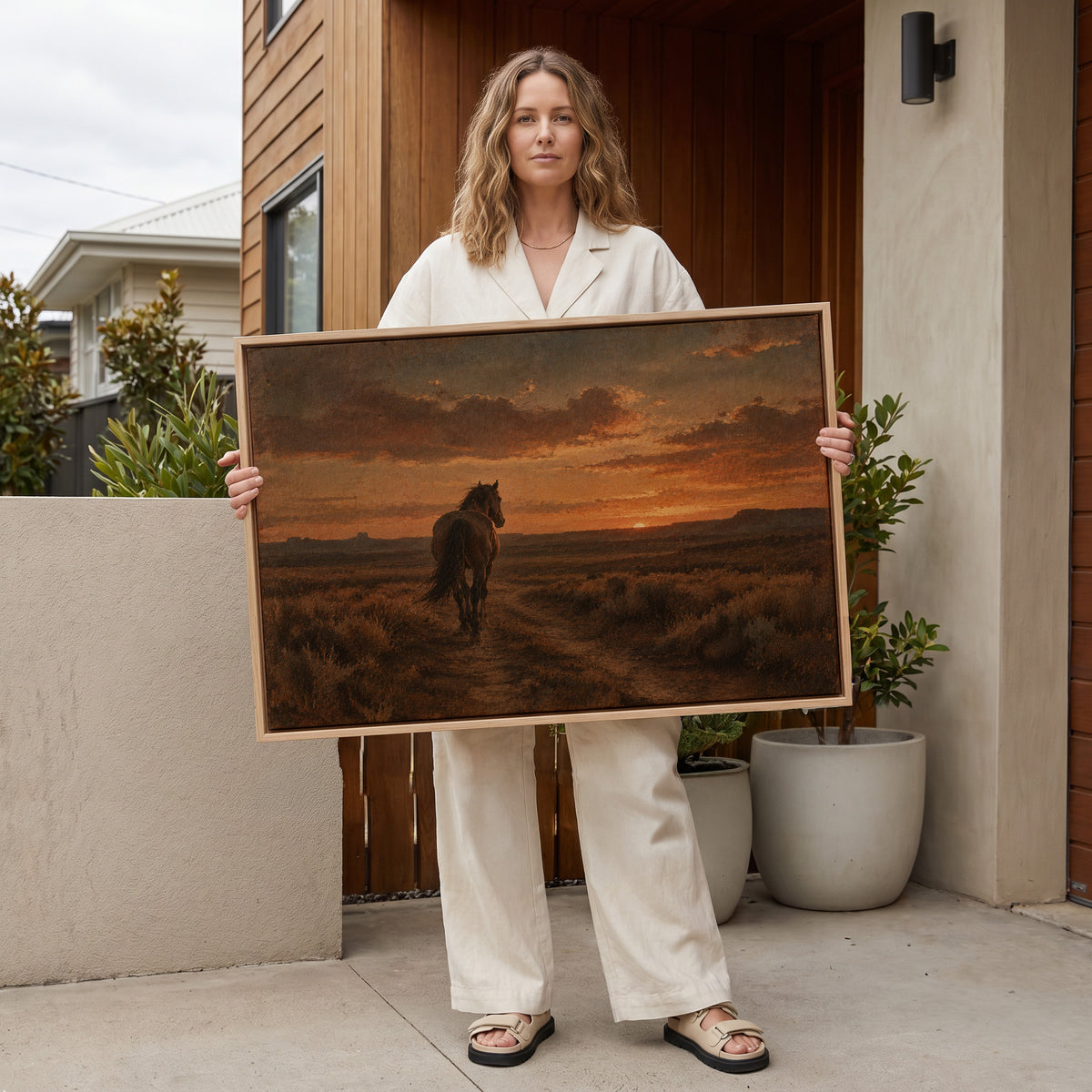 Horse canvas wall art showing lone horse seen from behind walking down a dirt track toward a burning sunset