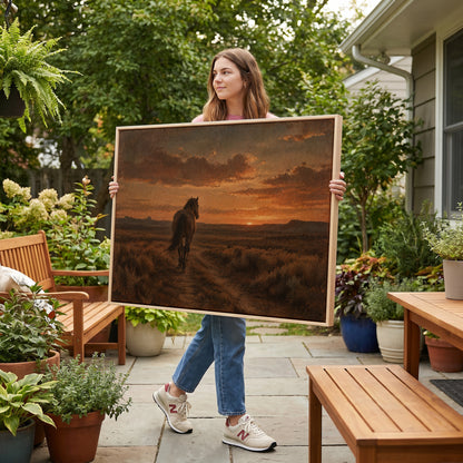 Lone horse seen from behind walking down a dirt track toward a burning sunset, wall art print