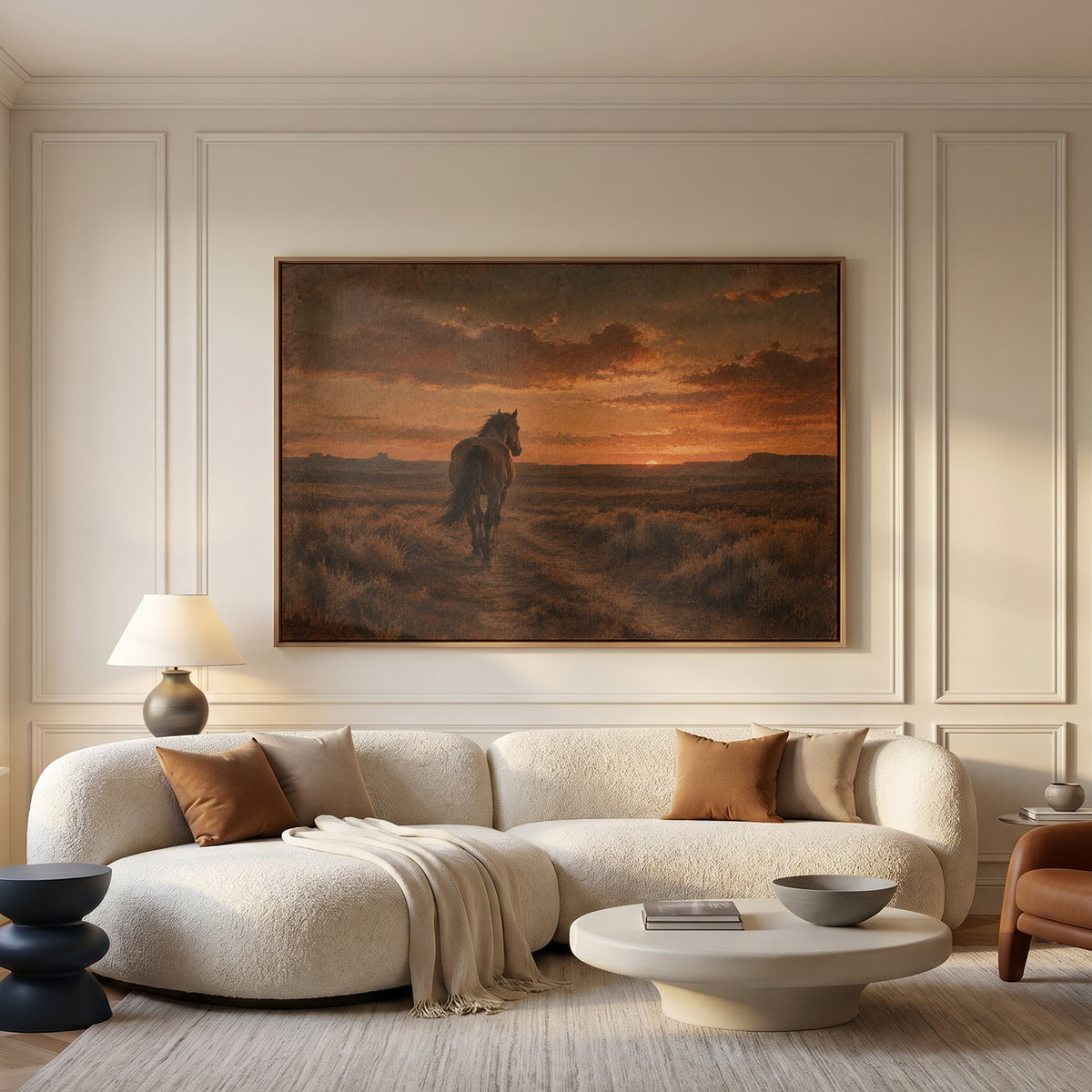 Dusk landscape canvas wall art showing lone horse seen from behind walking down a dirt track toward a burning sunset