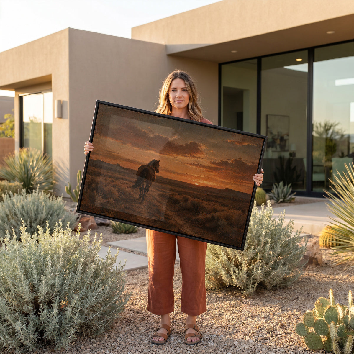 Horses canvas wall art showing lone horse seen from behind walking down a dirt track toward a burning sunset