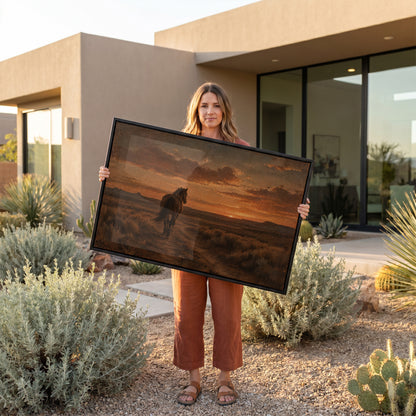 Horses canvas wall art showing lone horse seen from behind walking down a dirt track toward a burning sunset