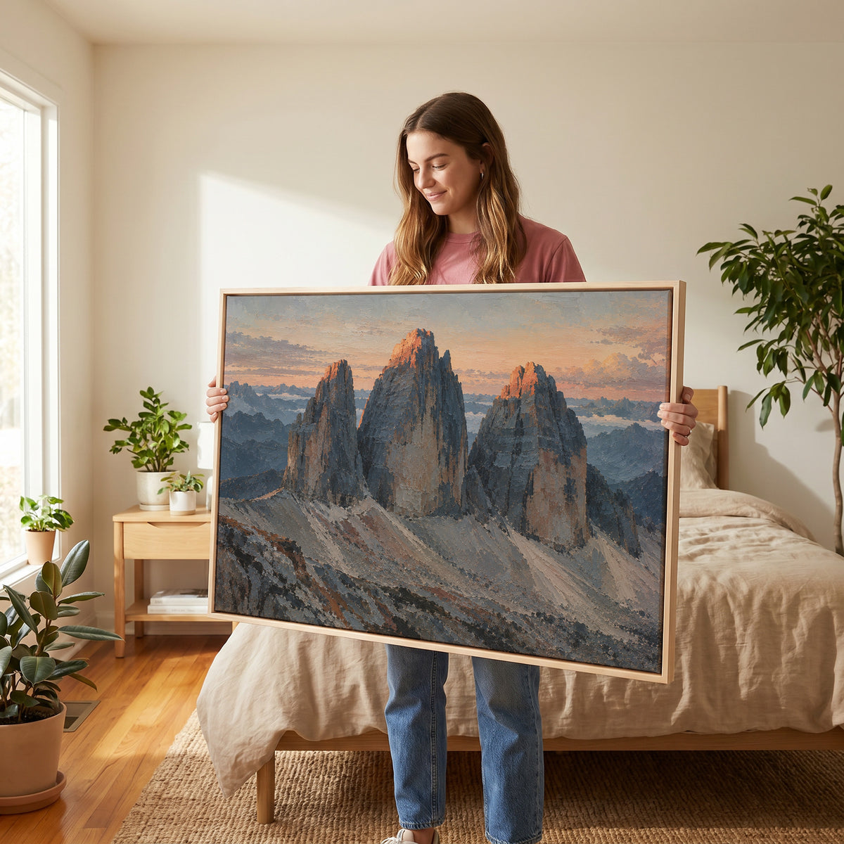 Dramatic canvas wall art showing three grey rock towers at dawn with warm light on the summits and scree below
