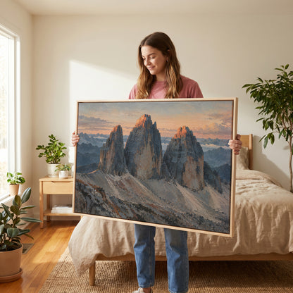 Dramatic canvas wall art showing three grey rock towers at dawn with warm light on the summits and scree below