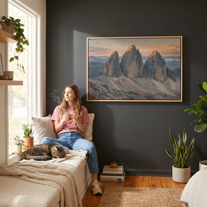 Italy canvas canvas wall art showing three grey rock towers at dawn with warm light on the summits and scree below