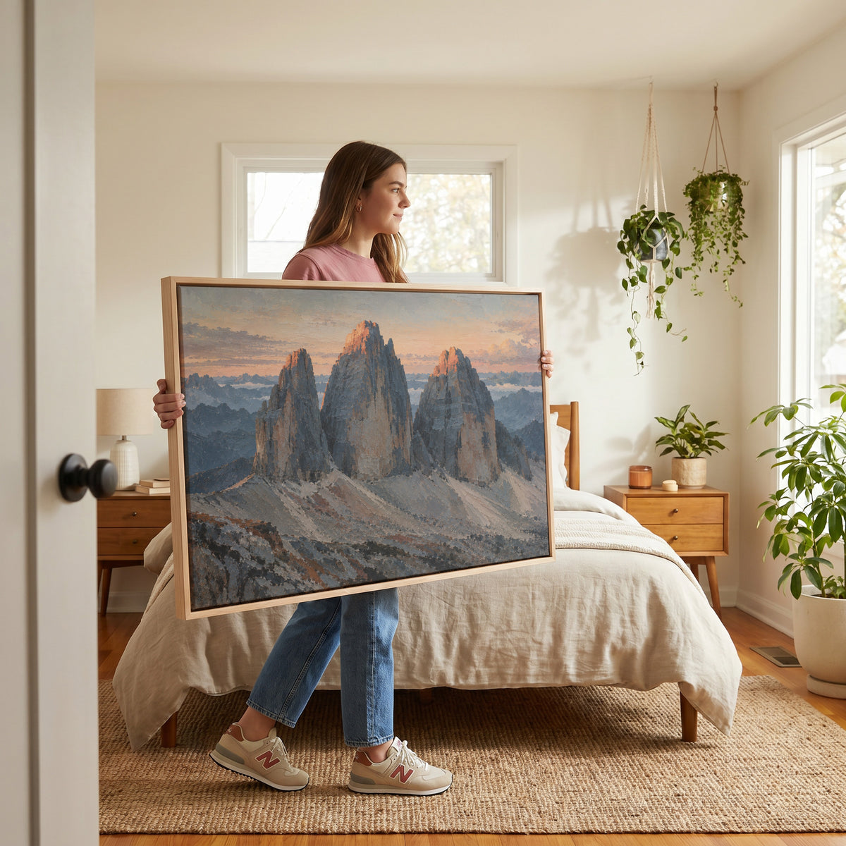 Rock peaks canvas wall art showing three grey rock towers at dawn with warm light on the summits and scree below