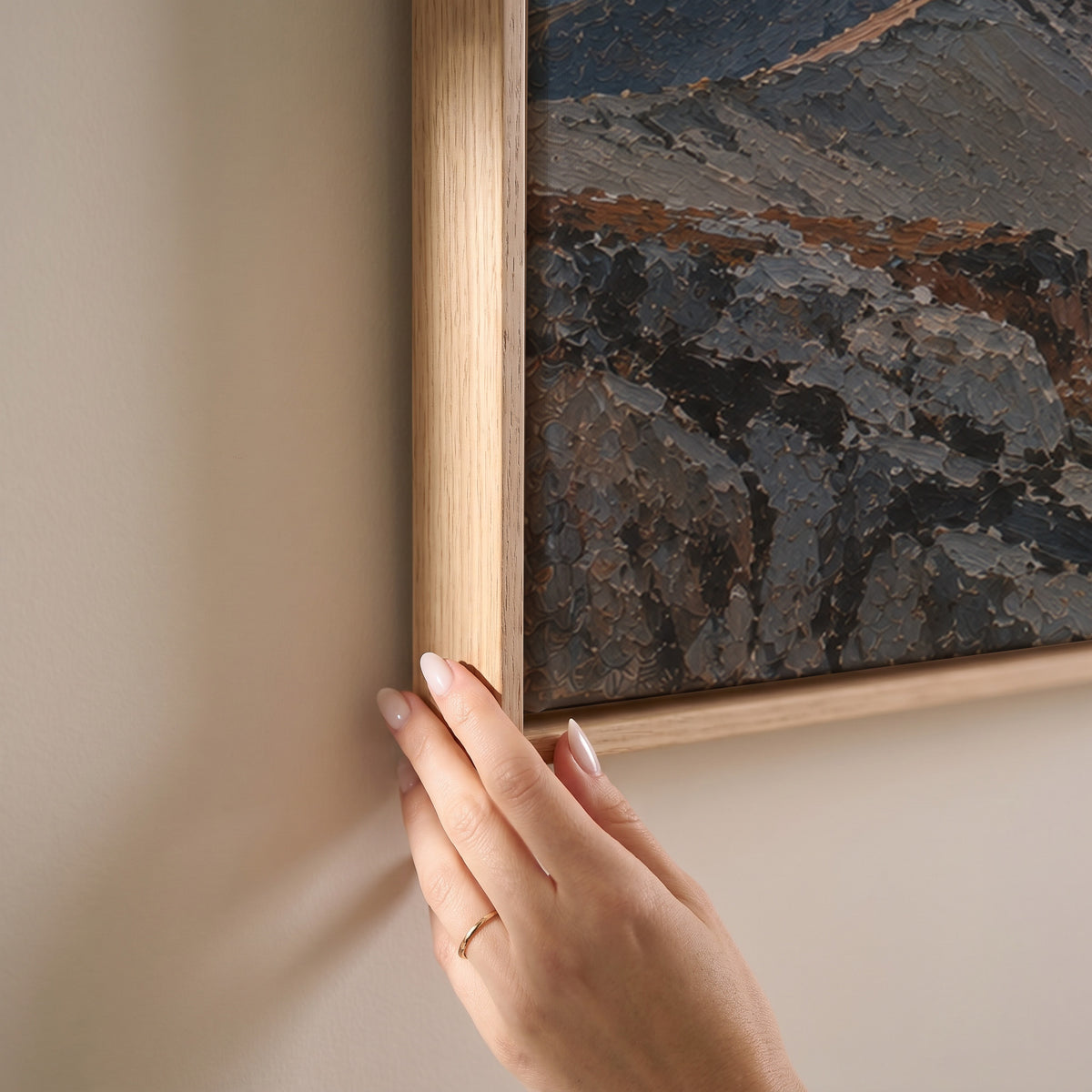Three grey rock towers at dawn with warm light on the summits and scree below, horizontal canvas print
