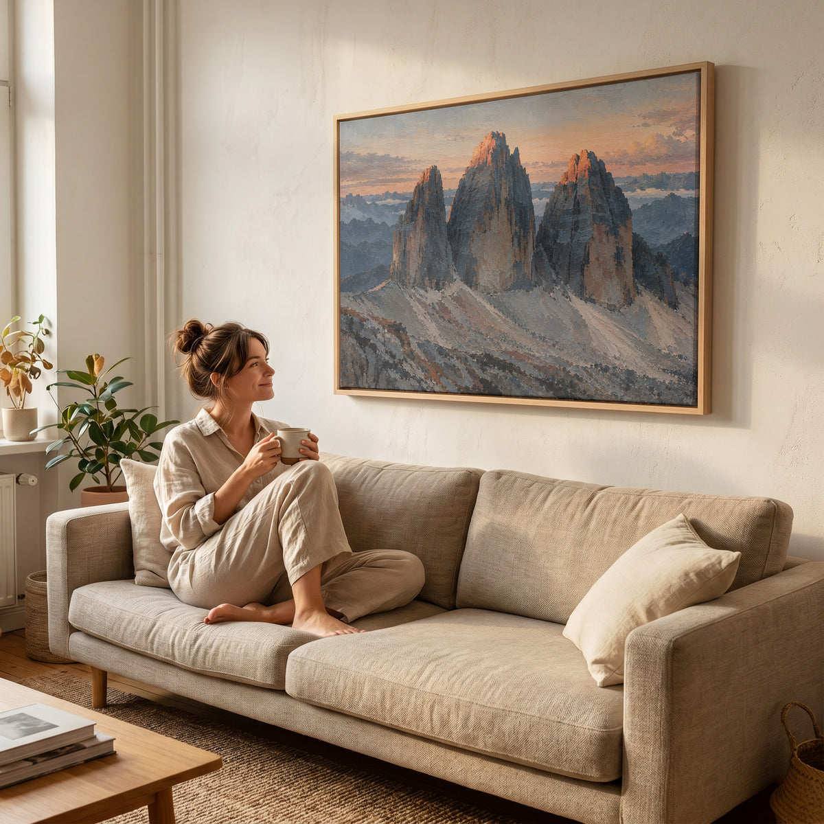 Nature canvas wall art showing three grey rock towers at dawn with warm light on the summits and scree below
