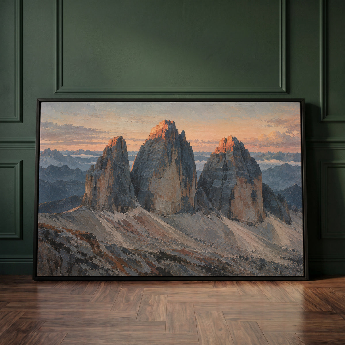 Three grey rock towers at dawn with warm light on the summits and scree below, canvas print