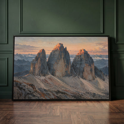 Three grey rock towers at dawn with warm light on the summits and scree below, canvas print