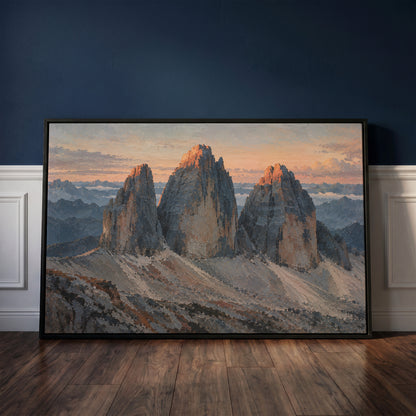 Moody landscape canvas wall art showing three grey rock towers at dawn with warm light on the summits and scree below