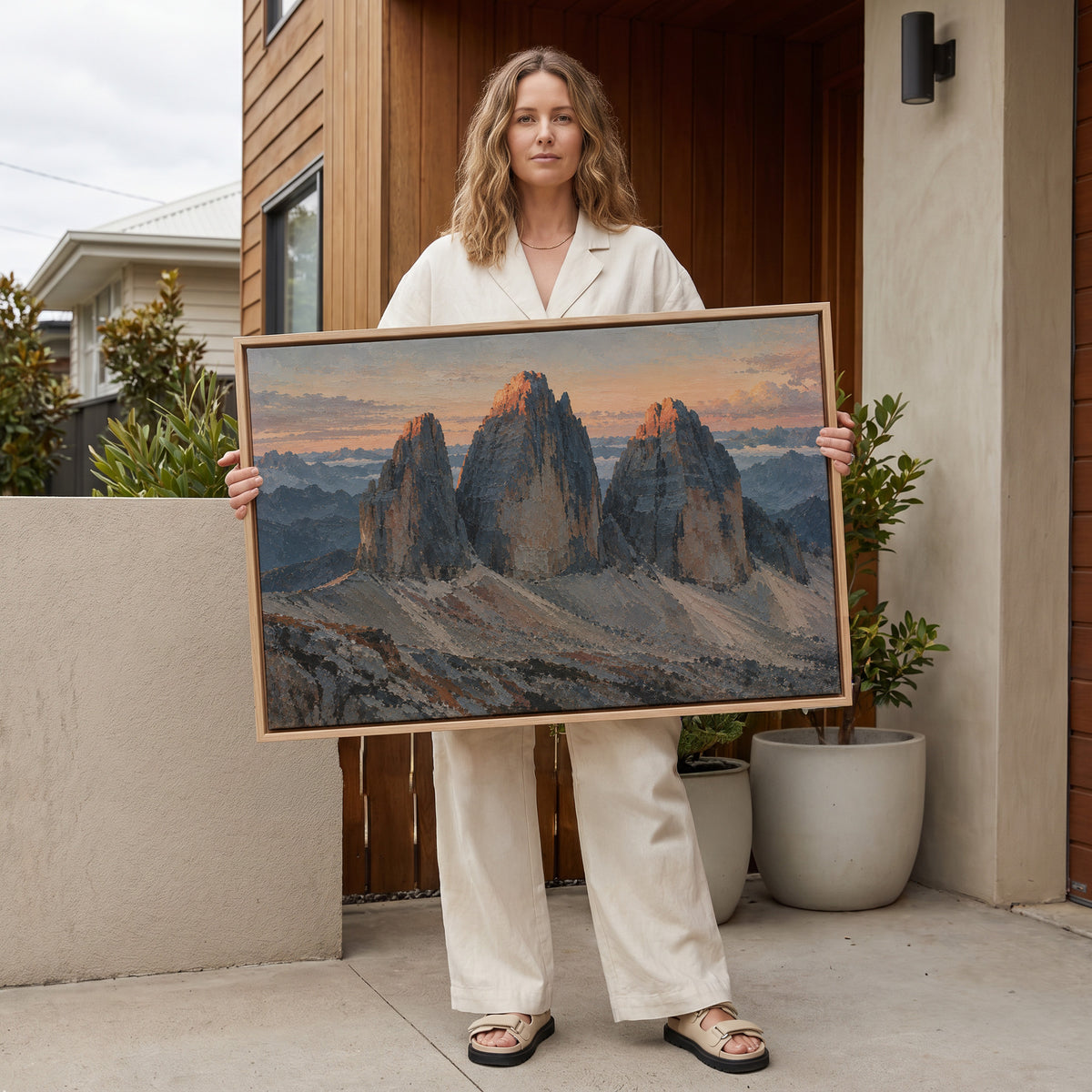Mountain canvas wall art showing three grey rock towers at dawn with warm light on the summits and scree below