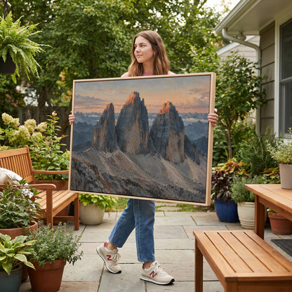 Alpine canvas wall art showing three grey rock towers at dawn with warm light on the summits and scree below