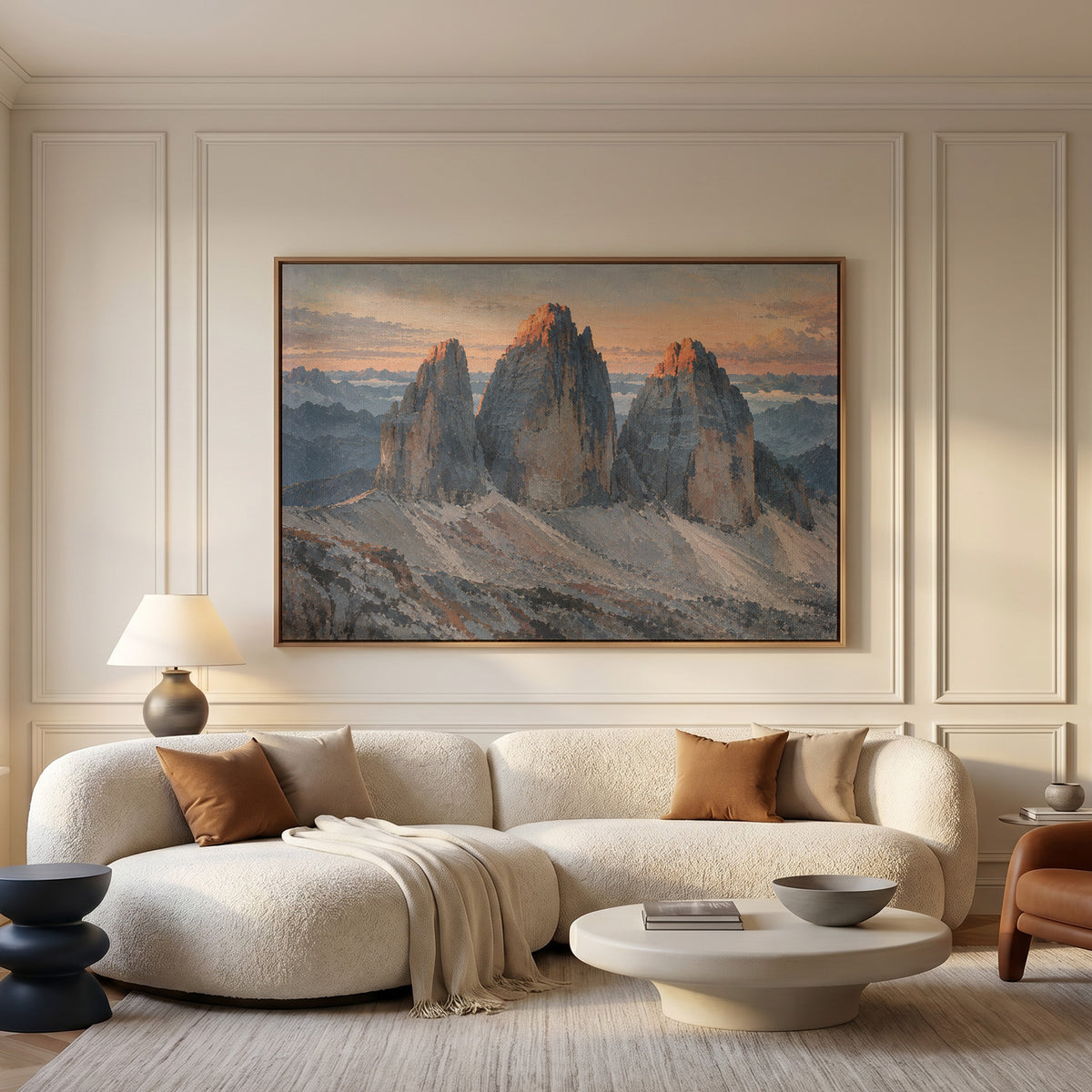 Sunrise canvas canvas wall art showing three grey rock towers at dawn with warm light on the summits and scree below