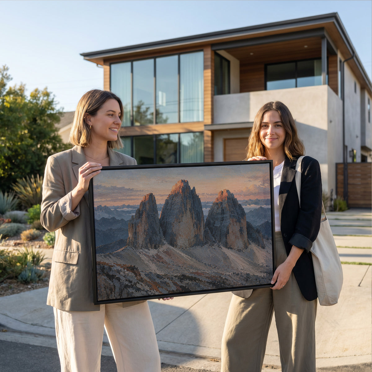 Dolomites canvas wall art showing three grey rock towers at dawn with warm light on the summits and scree below