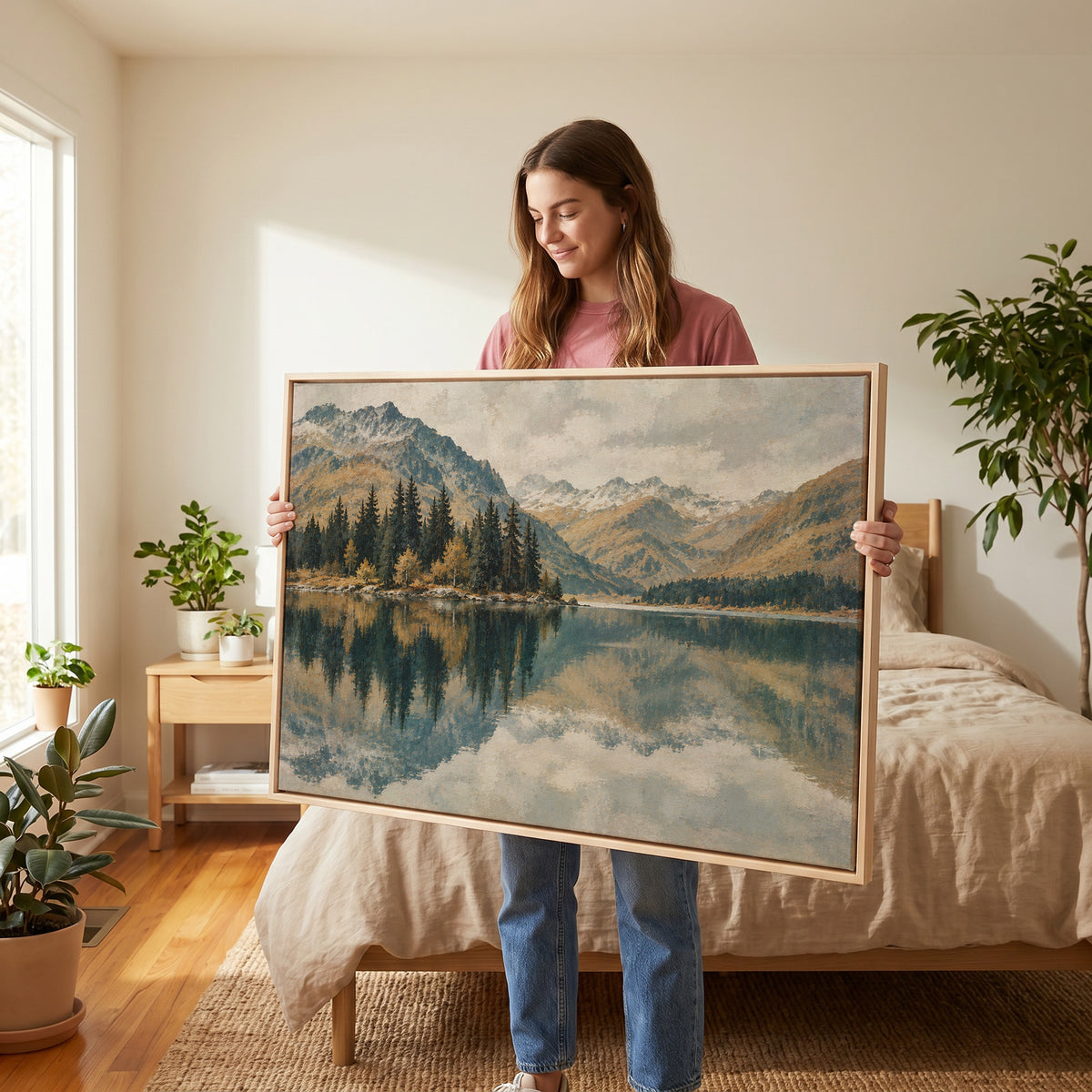 Lodge canvas wall art showing still lake mirroring a spit of dark pines with snow dusted peaks behind