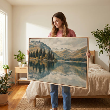 Lodge canvas wall art showing still lake mirroring a spit of dark pines with snow dusted peaks behind