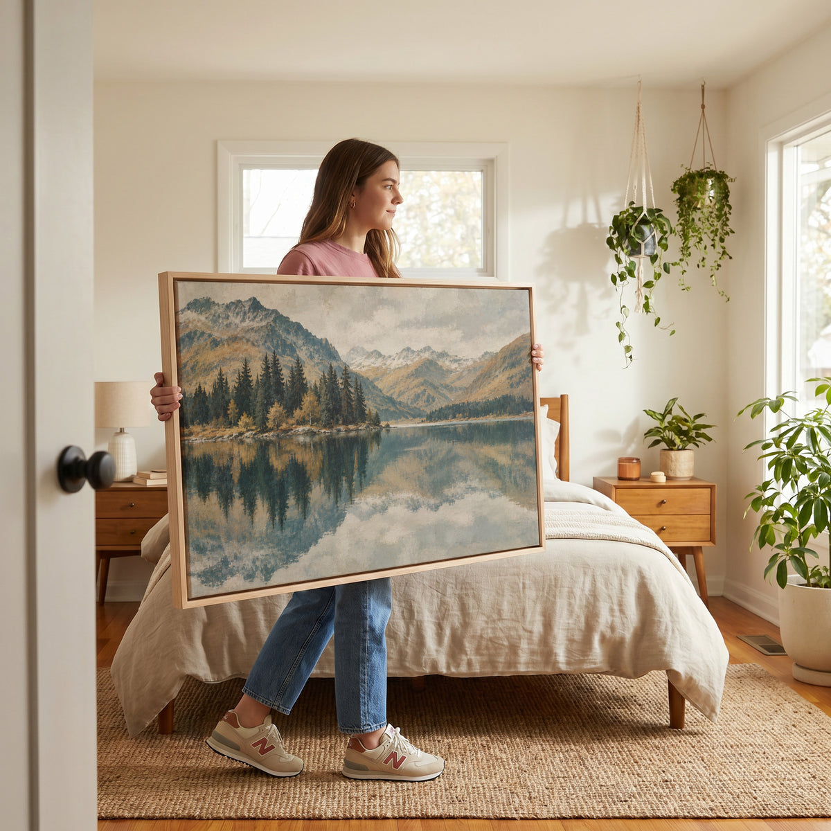 Teal canvas wall art showing still lake mirroring a spit of dark pines with snow dusted peaks behind