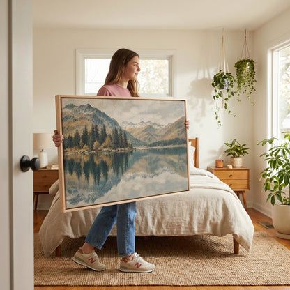 Teal canvas wall art showing still lake mirroring a spit of dark pines with snow dusted peaks behind