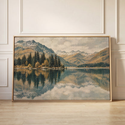 Still lake mirroring a spit of dark pines with snow dusted peaks behind, canvas wall art
