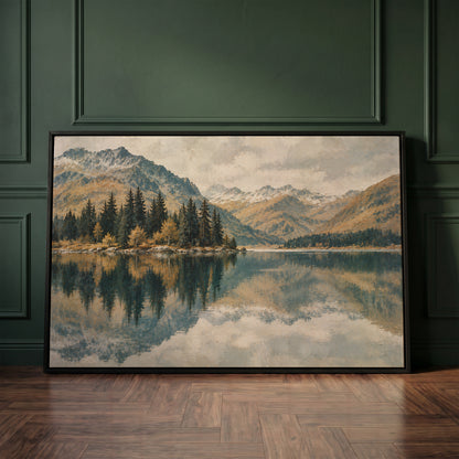 Still lake mirroring a spit of dark pines with snow dusted peaks behind, canvas print