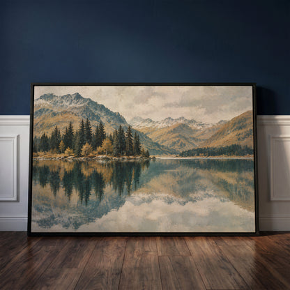 Lake canvas wall art showing still lake mirroring a spit of dark pines with snow dusted peaks behind