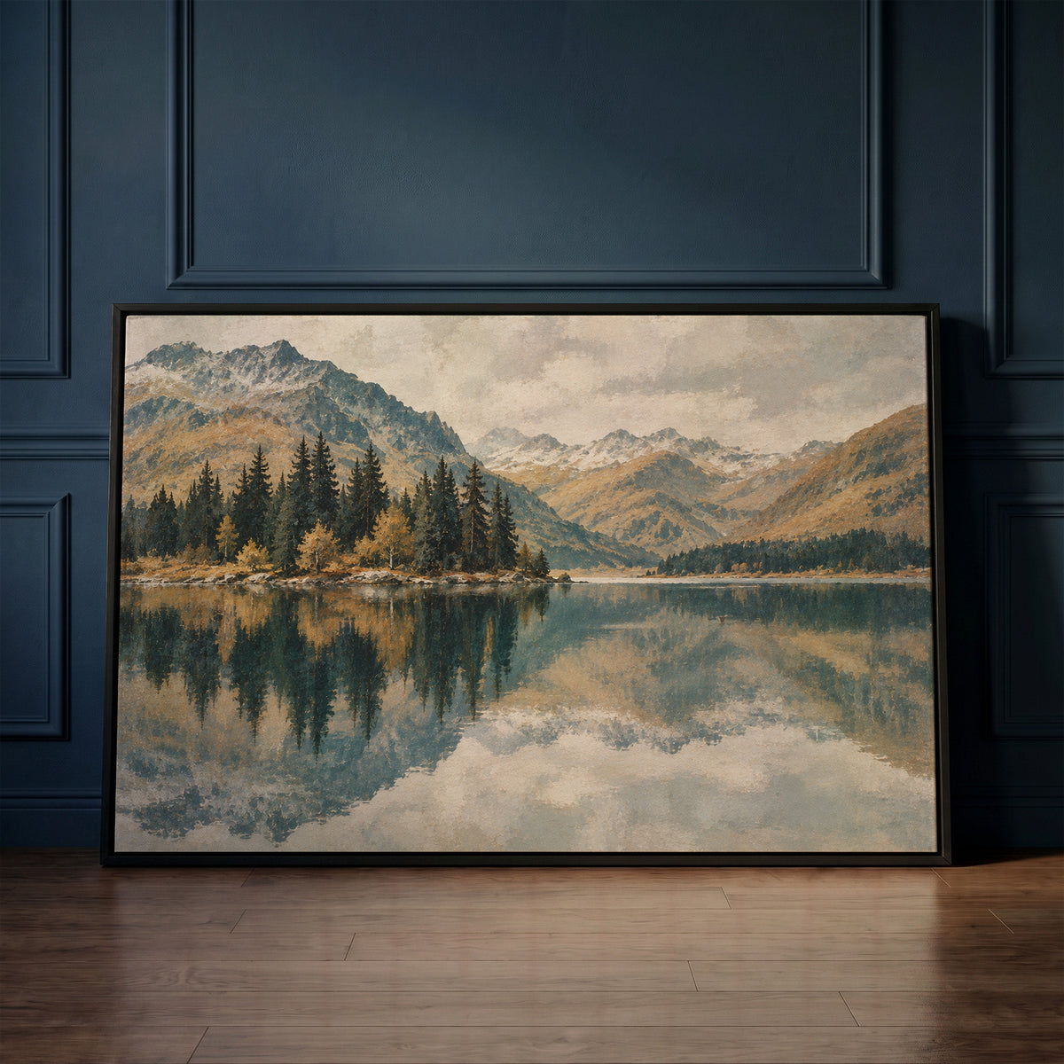 Mountain lake canvas wall art showing still lake mirroring a spit of dark pines with snow dusted peaks behind