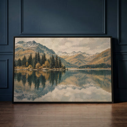 Mountain lake canvas wall art showing still lake mirroring a spit of dark pines with snow dusted peaks behind