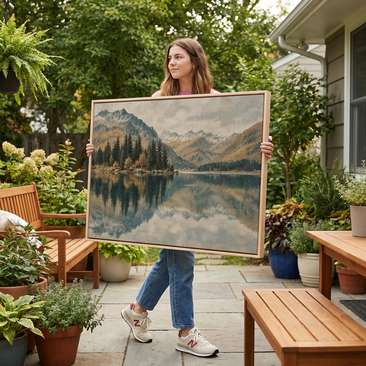 Alpine canvas wall art showing still lake mirroring a spit of dark pines with snow dusted peaks behind