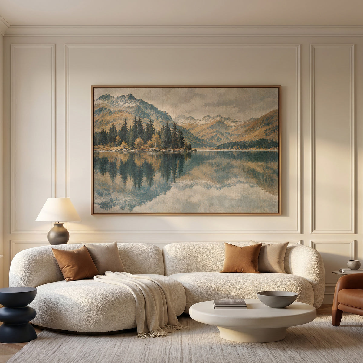 Reflection canvas wall art showing still lake mirroring a spit of dark pines with snow dusted peaks behind