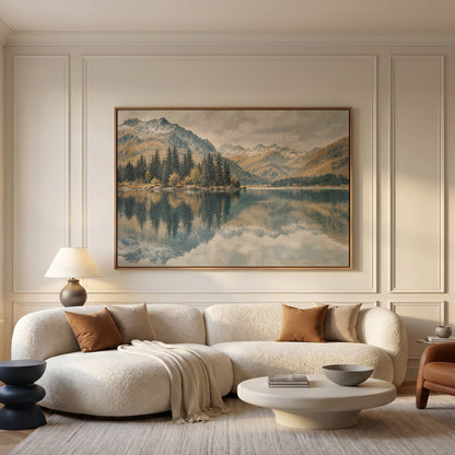 Reflection canvas wall art showing still lake mirroring a spit of dark pines with snow dusted peaks behind