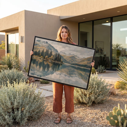 Nature canvas wall art showing still lake mirroring a spit of dark pines with snow dusted peaks behind